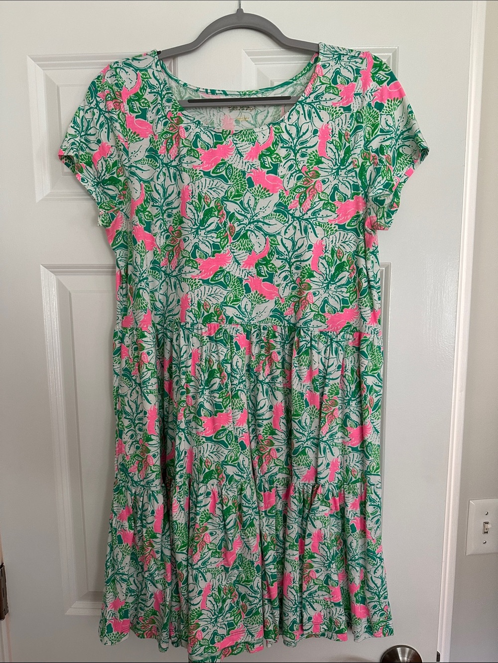 Lilly Pulitzer Green and Pink Tropical Tiered Casual Dress